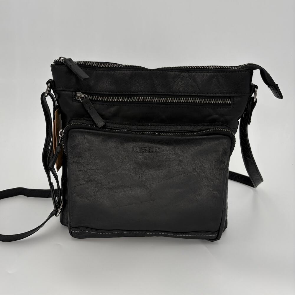 Leder Buck Terry Genuine Leather Crossbody Sling Multi Pocket Bag Purse Black